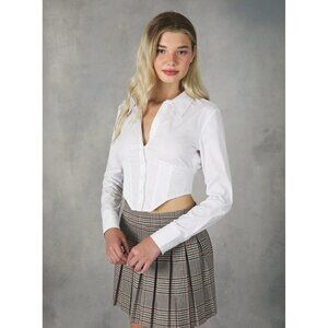 YOZY Women Blouse Cropped Bustier Shirt Button Lond Sleeve White S A000523